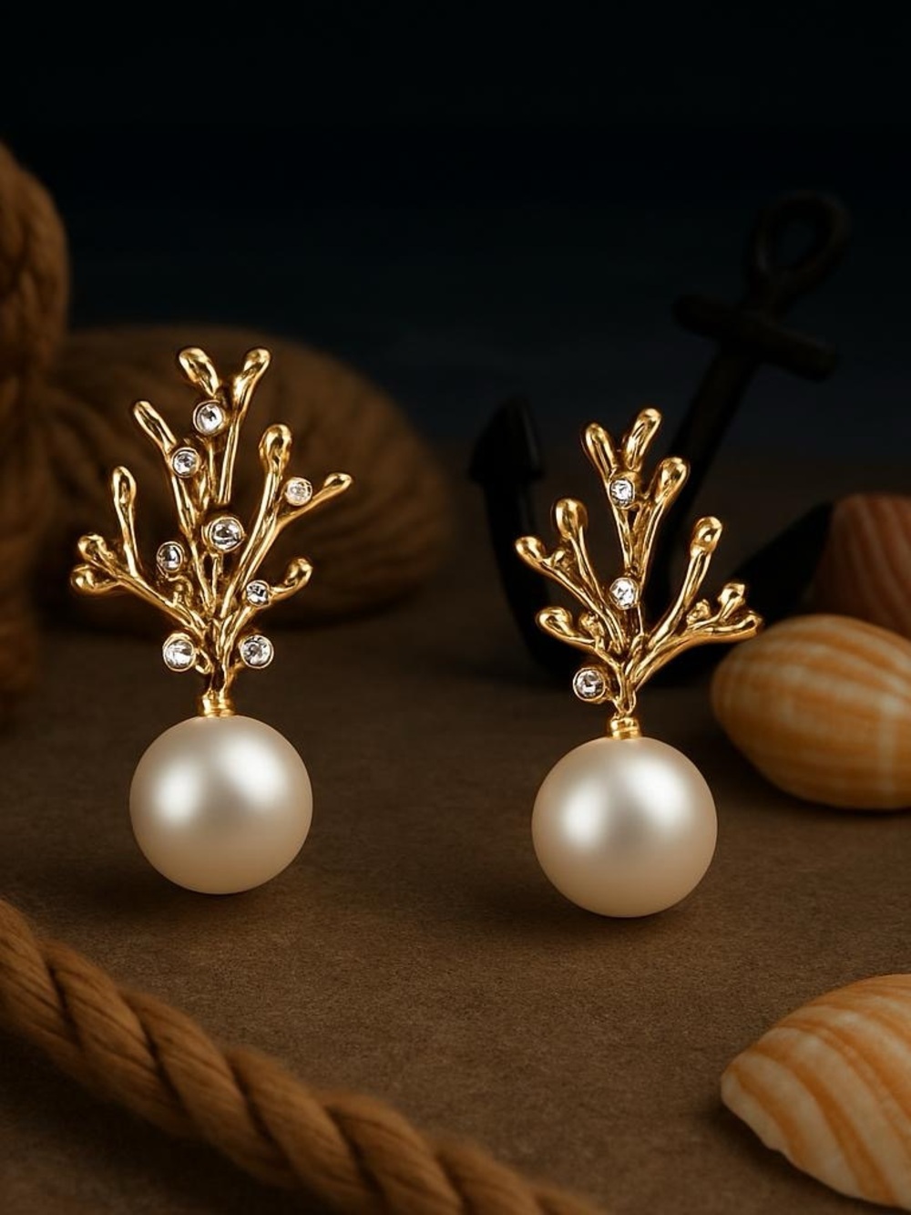 Gold Sparkle Beach Coral Earrings with Pearl